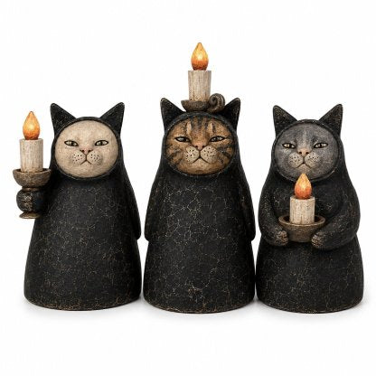 3-Piece Mysterious Hooded Cat Candlelight Figurine
