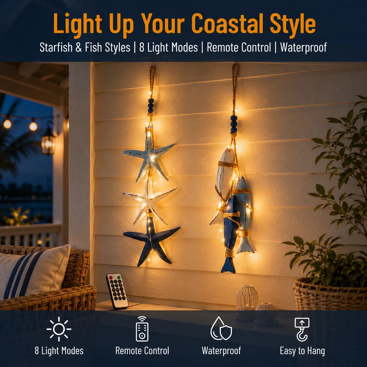⭐2026 HOT SALE 40% OFF🐟🌊Lighted Coastal Wooden Starfish & Fish Hanging Decor