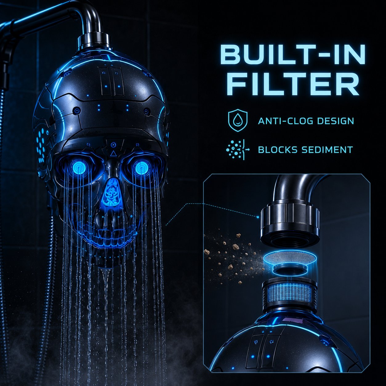 💀 Cyber Mecha Skull Color Changing LED Pressure Boost Shower Head