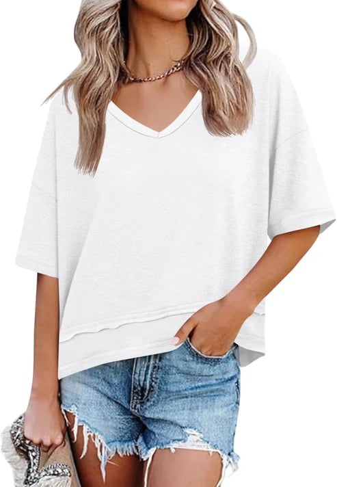 Womens Summer V Neck T Shirts Casual Short Sleeve Flowy Tops Cute Loose Fit Basic Tees Summervibes