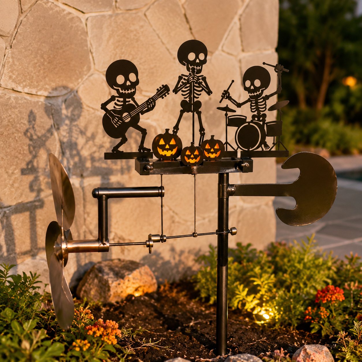 Halloween Skeleton Metal Drummer Kinetic Wind Spinner