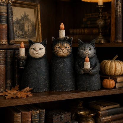 3-Piece Mysterious Hooded Cat Candlelight Figurine