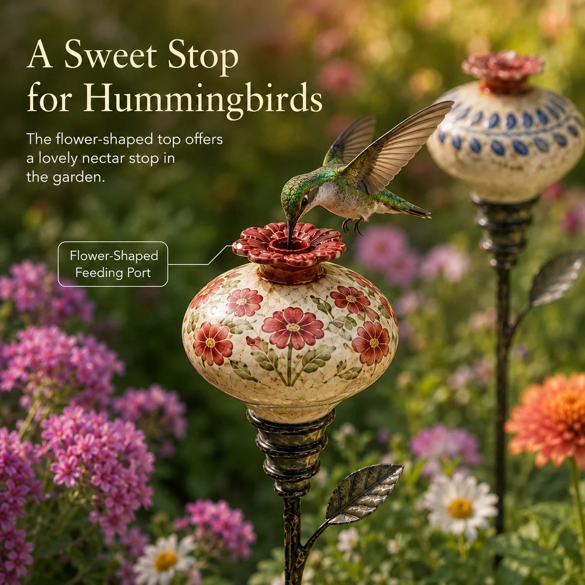 🔥Last Day 50% OFF🌺 Vintage Ceramic Hummingbird Feeder Garden Stake — Handcrafted Floral Bird Feeder Decoration