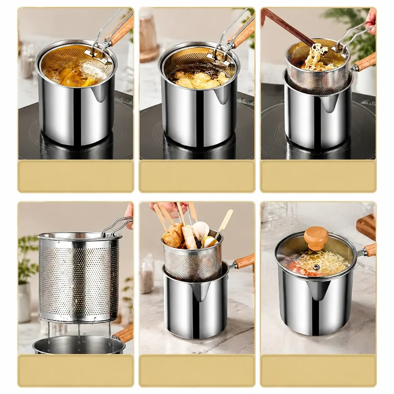 4-piece compact 304 stainless steel deep fryer set (including frying basket and food tongs) — energy-saving, fast, and easy to clean; perfect for family-sized cooking.
