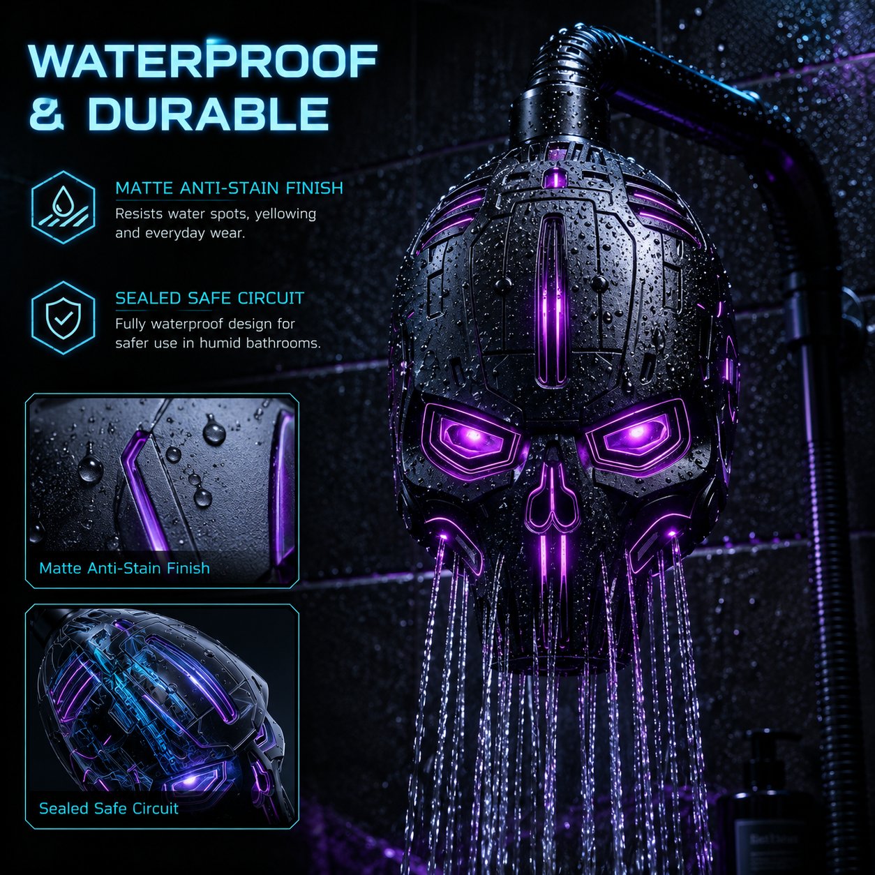 💀 Cyber Mecha Skull Color Changing LED Pressure Boost Shower Head