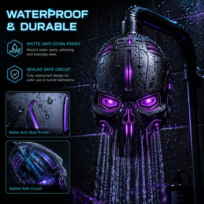 💀 Cyber Mecha Skull Color Changing LED Pressure Boost Shower Head