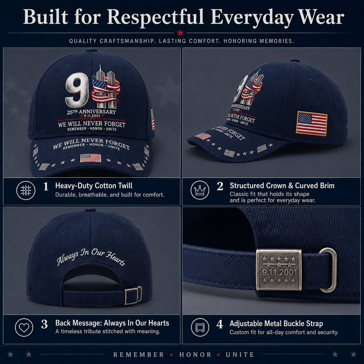 🔥LAST DAY 50% OFF - 9/11 25th Anniversary We Will Never Forget Embroidered Memorial Baseball Cap – Unisex Patriotic Memorial Hat🧢 100% Cotton