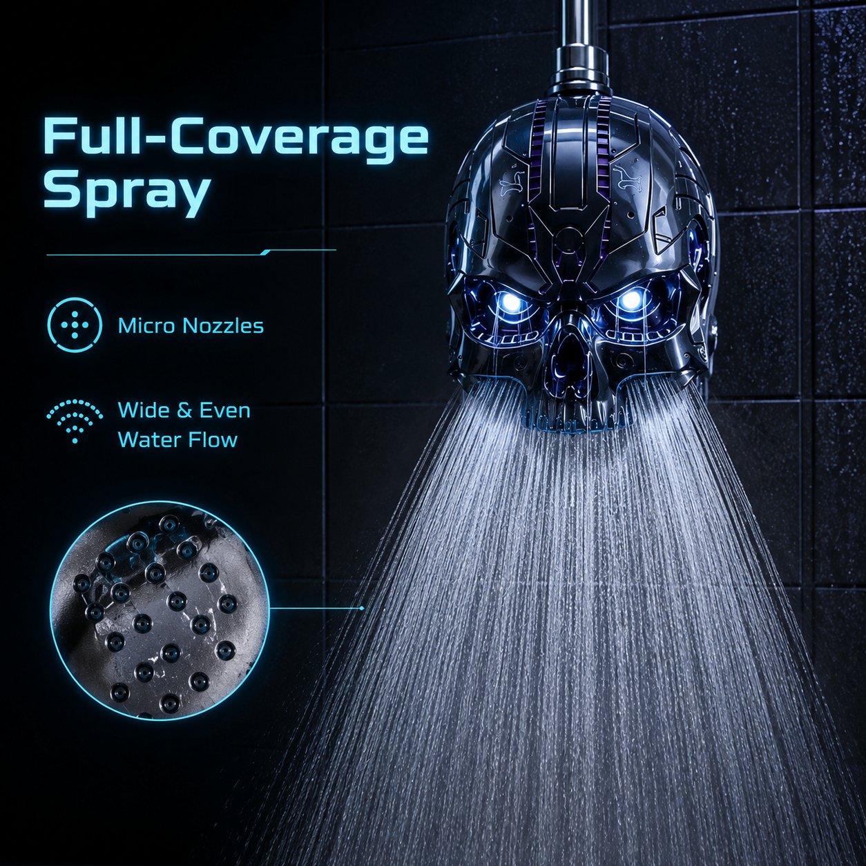 💀 Cyber Mecha Skull Color Changing LED Pressure Boost Shower Head