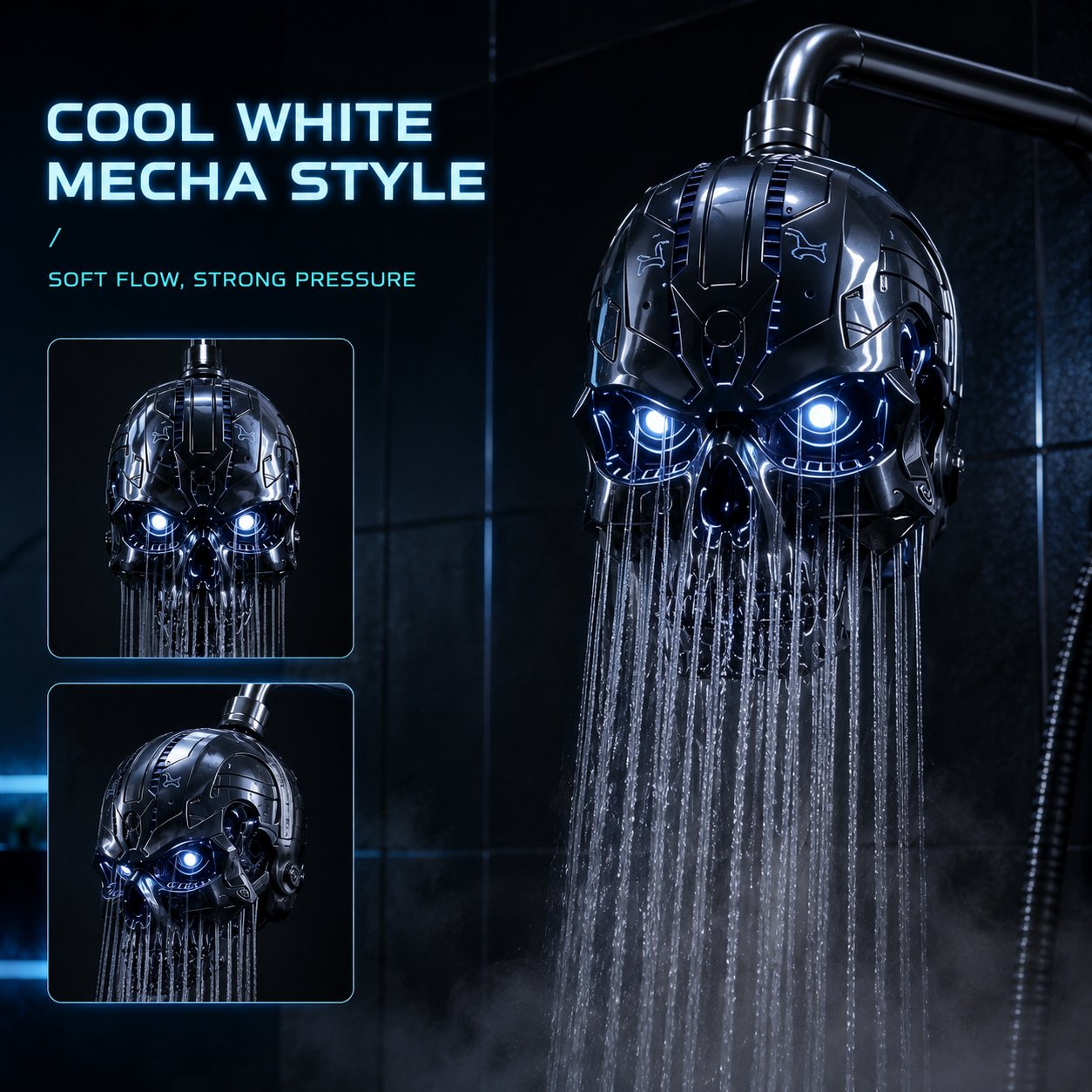 💀 Cyber Mecha Skull Color Changing LED Pressure Boost Shower Head