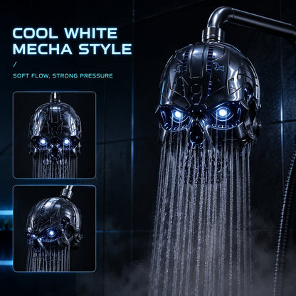 💀 Cyber Mecha Skull Color Changing LED Pressure Boost Shower Head