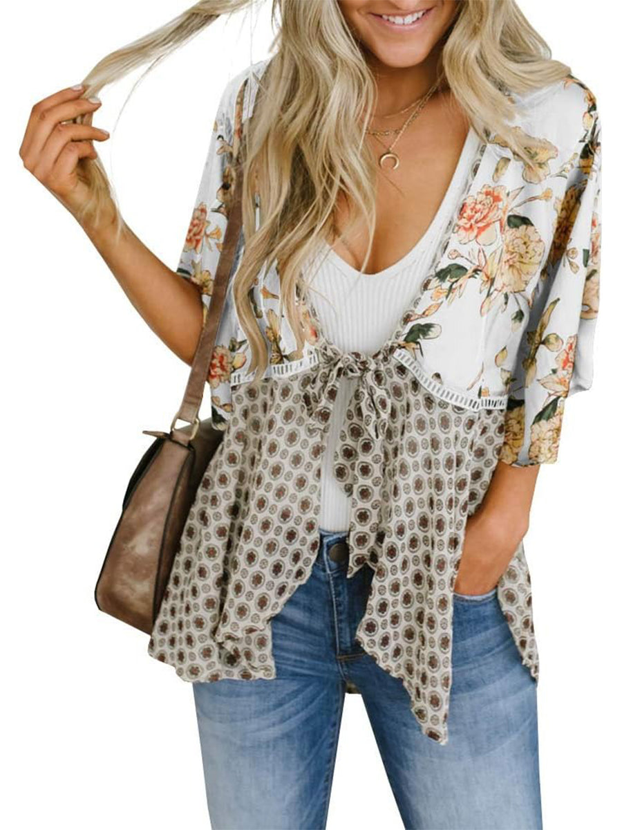 HOT SALE Women's Floral Kimono Ruffle Sleeve Tie Cardigans Flowy Boho Loose Cover Ups