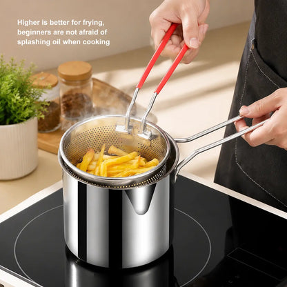 4-piece compact 304 stainless steel deep fryer set (including frying basket and food tongs) — energy-saving, fast, and easy to clean; perfect for family-sized cooking.
