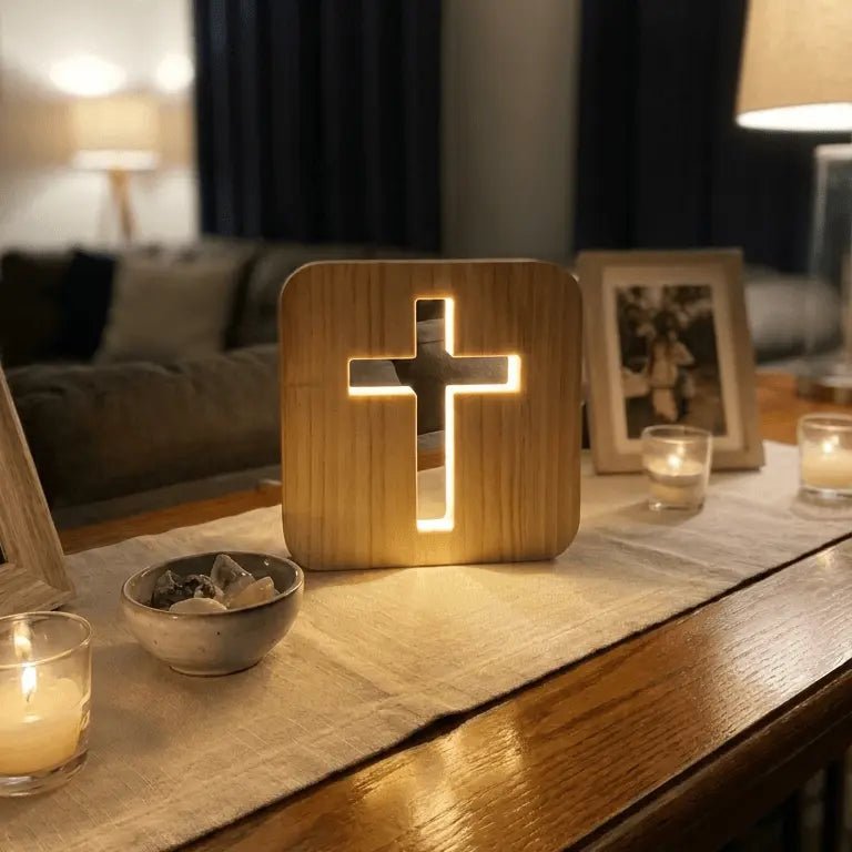 Cross lamp on table
