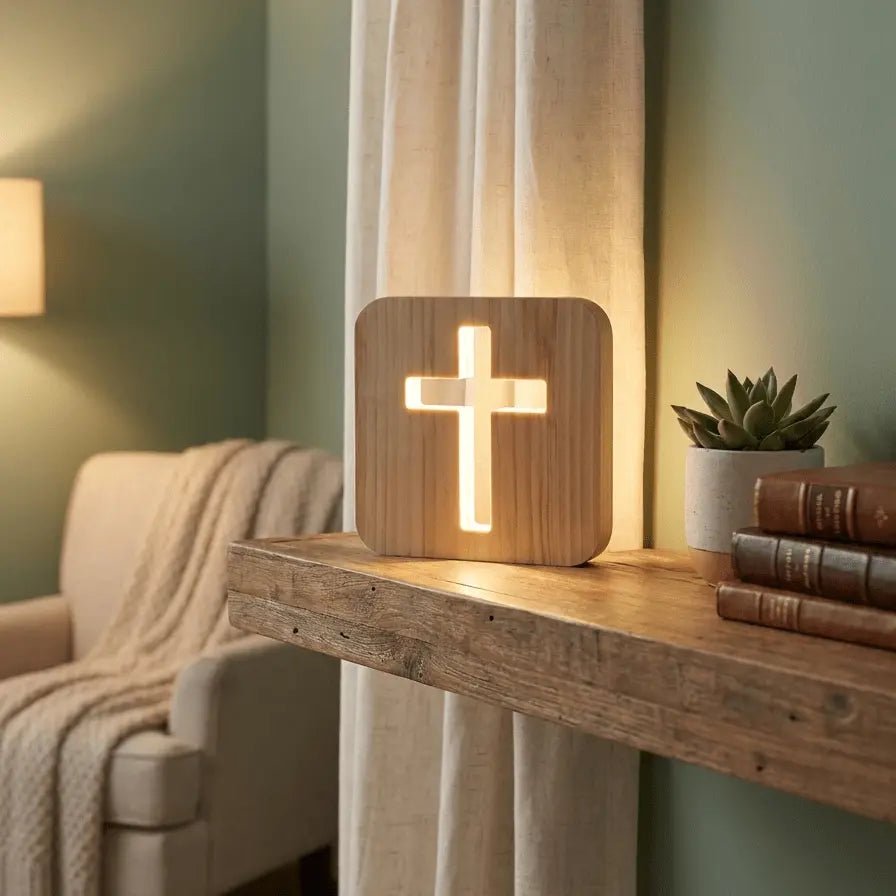 Cross lamp on shelf
