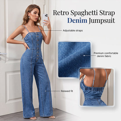 🎉 2026 Sale — Over 22,400 Sold!💞 Women Spaghetti Strap Wide Leg Denim Jumpsuit – Stretchy 🥳
